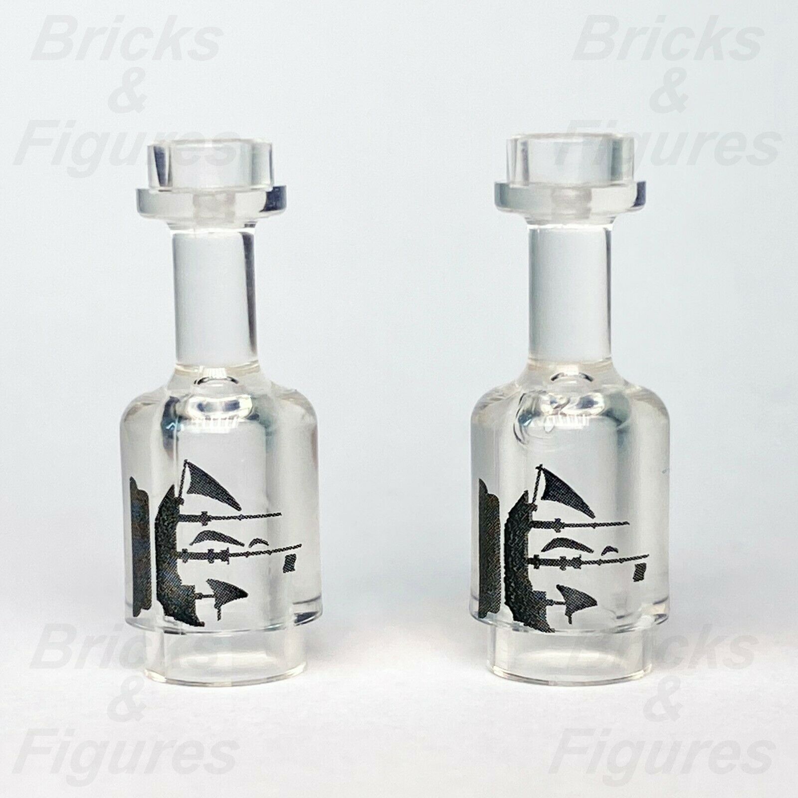 2 x New Ideas LEGO Bottle with Black Sailing Ship Pattern Parts 21318 71042 - Bricks & Figures